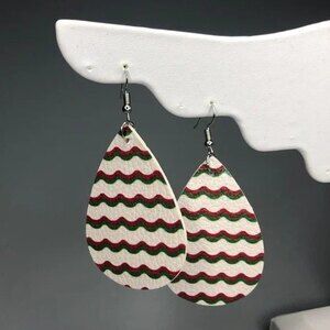 White Leather Wavy Teardrop Earrings Green Red White